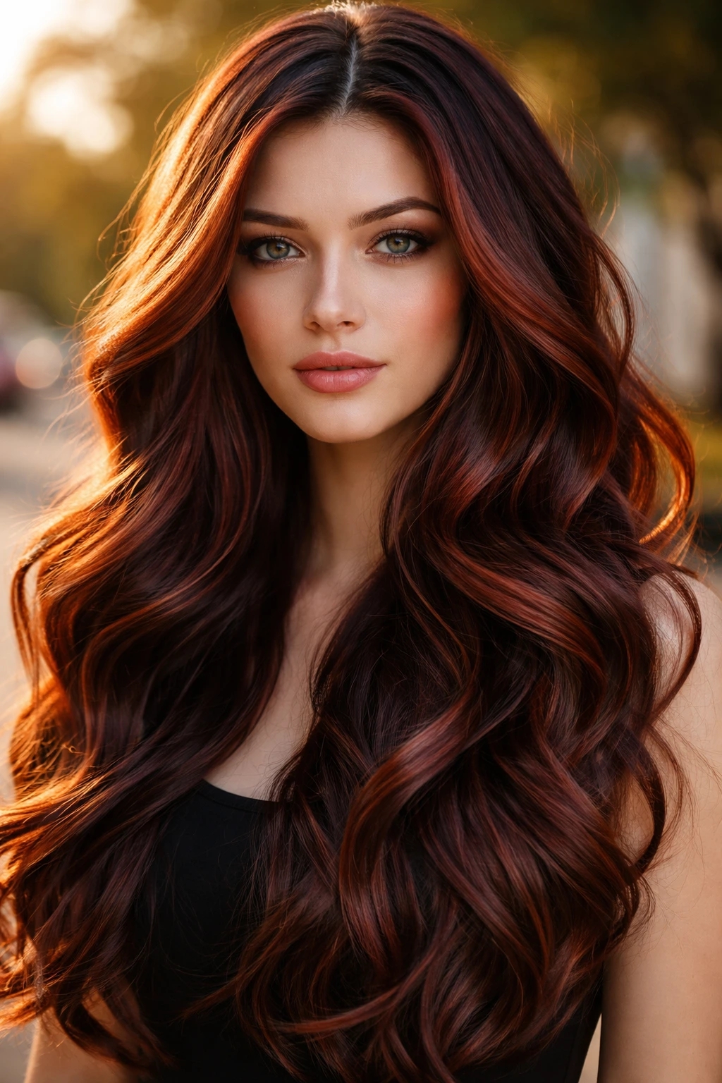 Close-up of long hair with dimensional mahogany ribbons on a real person