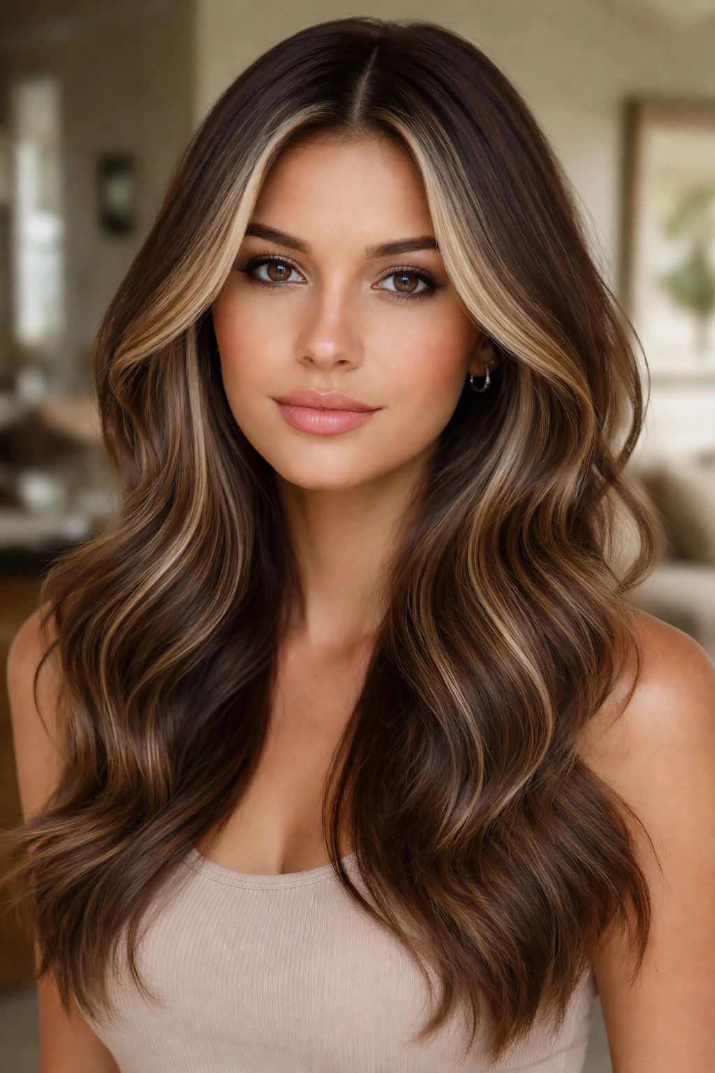 Woman with dimensional mocha hair and beige money pieces framing the face.