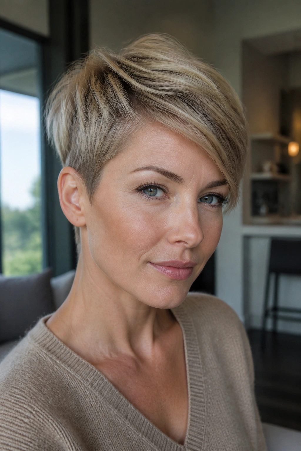 Close-up of a real person with a dimensional sandy blonde pixie haircut in natural daylight