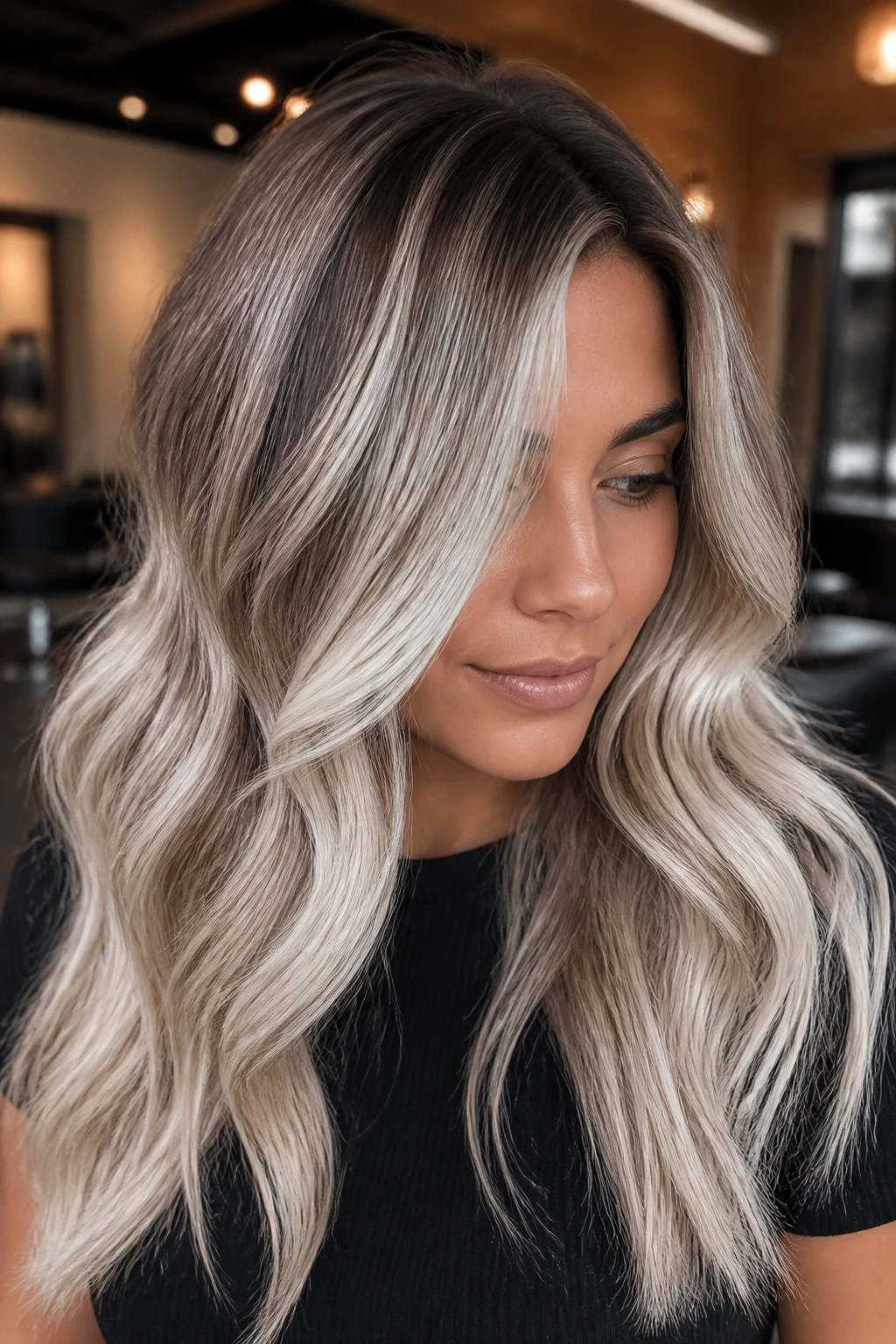 Portrait of a woman with dimensional platinum balayage across brown hair in a natural warm setting