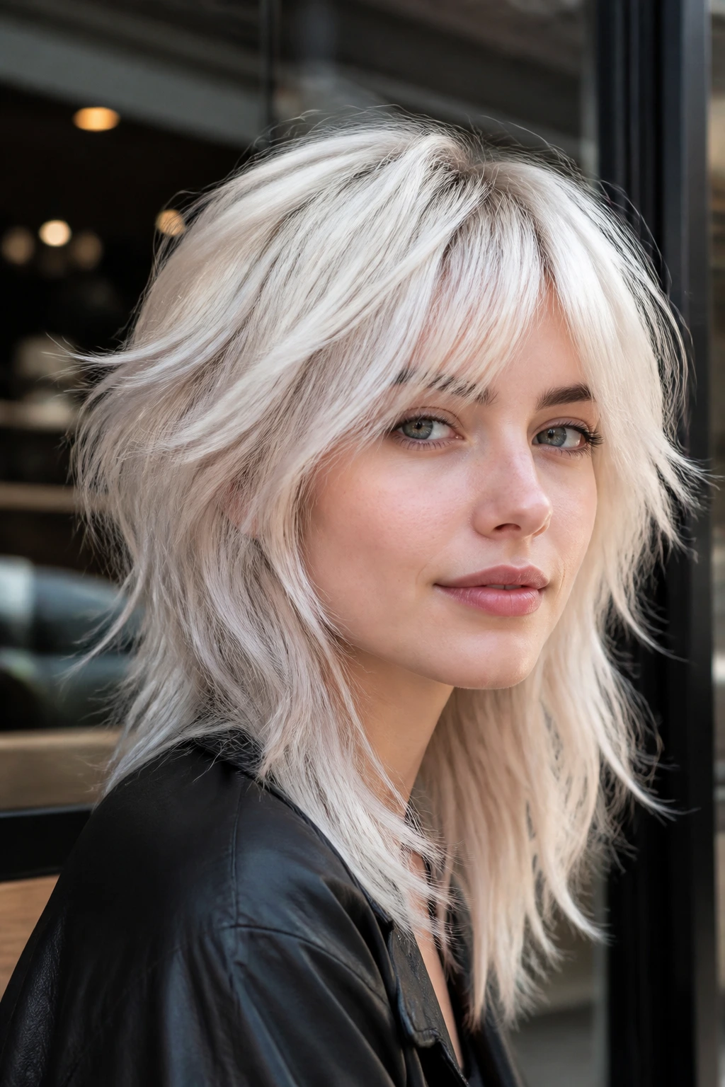 Portrait of a real woman with a dimensional platinum shag in daylight