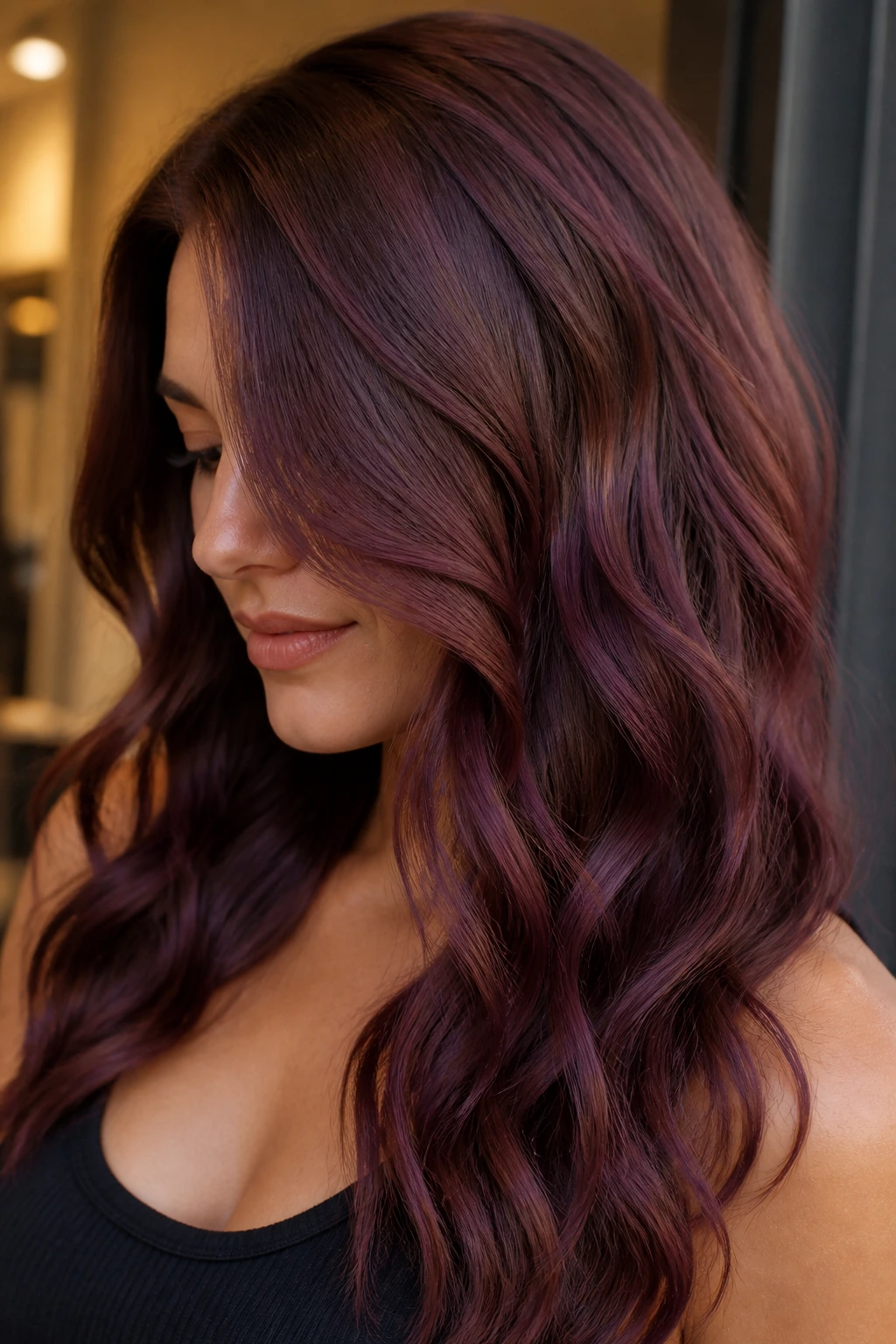 Chestnut waves with dimensional plum highlights in close-up