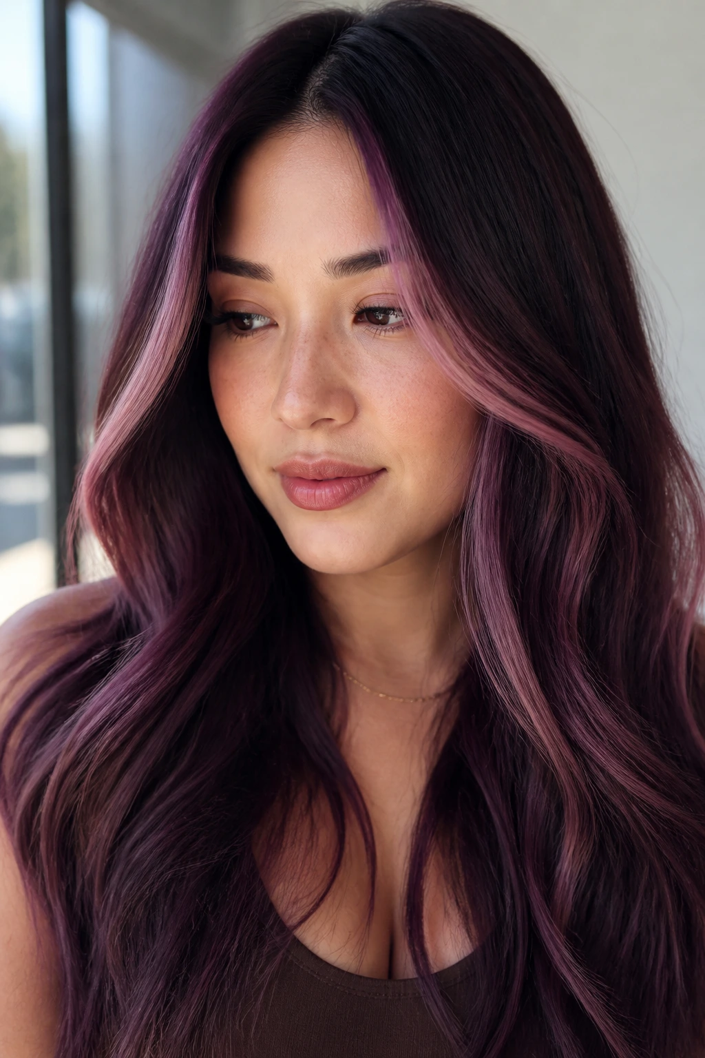 Close-up portrait of a real person with dimensional plum and face-framing purple pieces