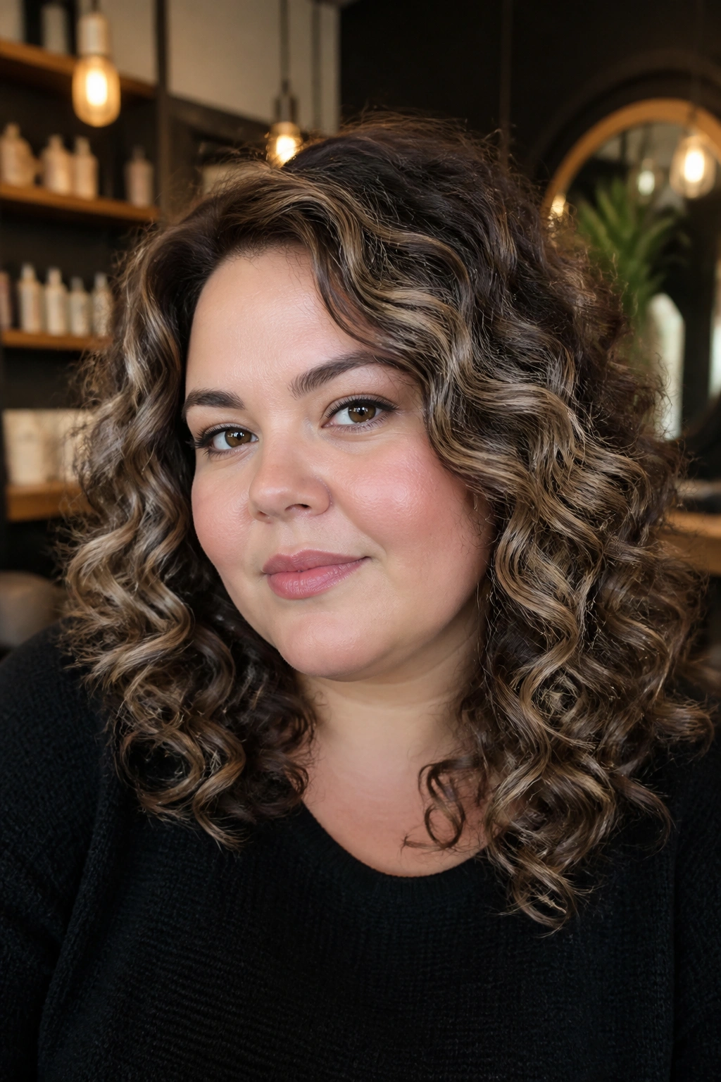 Close-up of curly hair with dimensional ring highlights around waves
