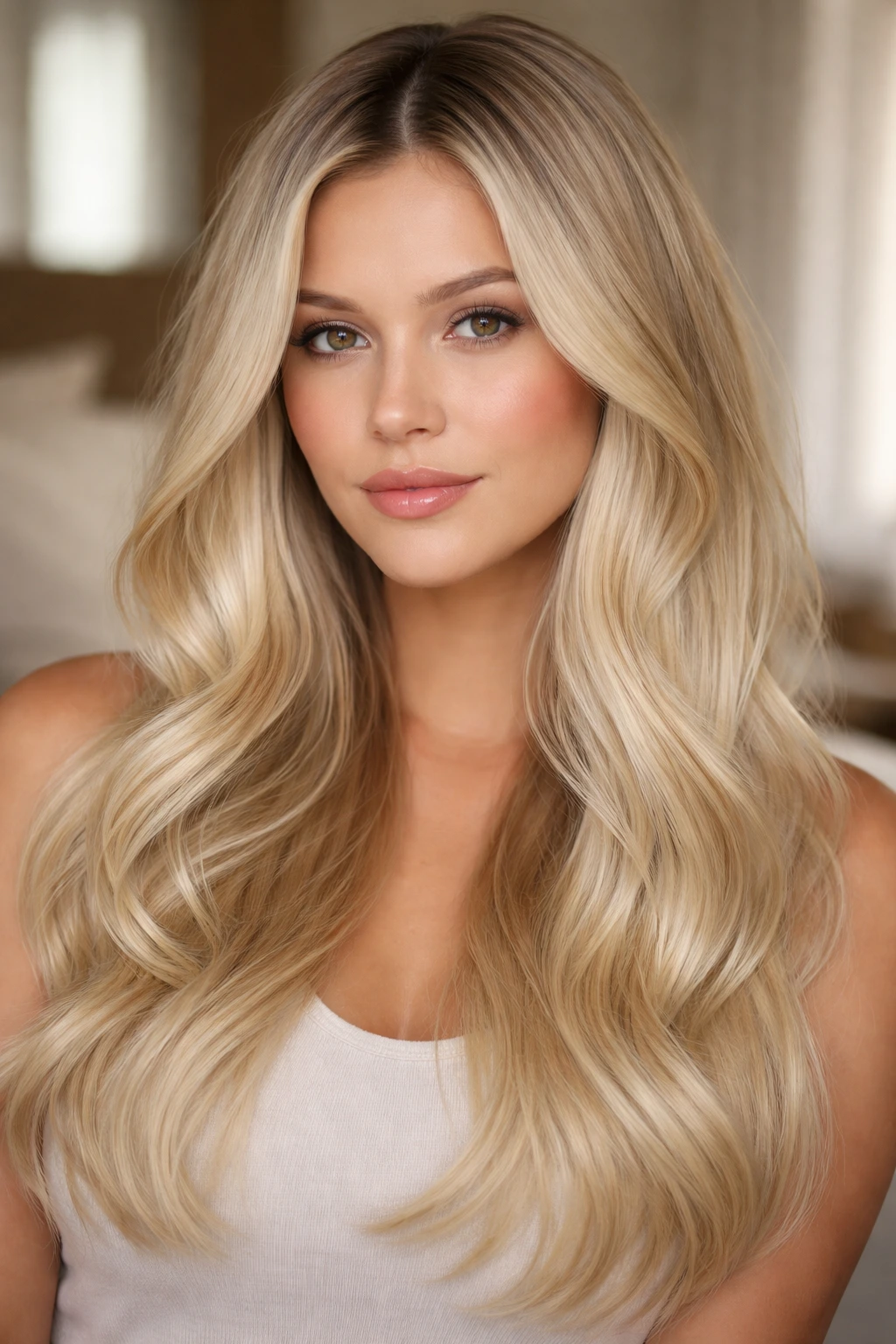 Close-up portrait of a real woman showing ultra-light blonde hair with a dimensional root tap and dark roots in soft window light.