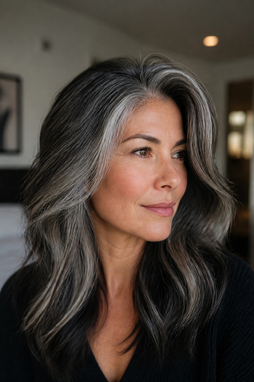 Close-up portrait of a real woman with dimensional salt-and-pepper hair on a black base