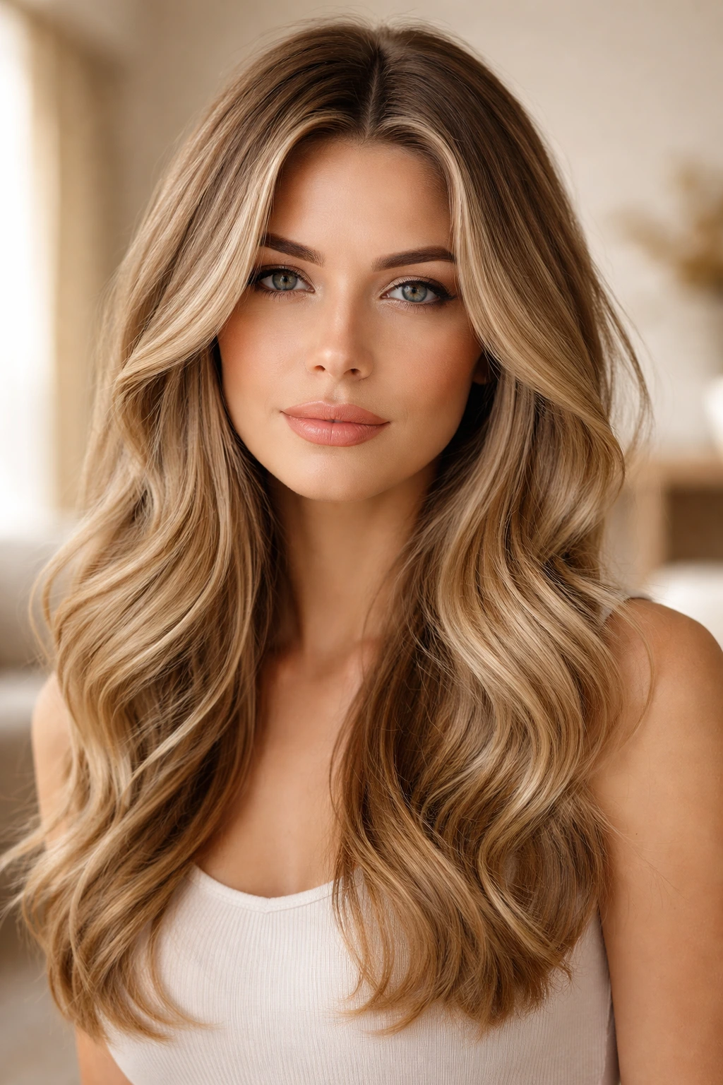 Close-up portrait of a real person with dimensional sandy beige hair with dark roots and light ends.