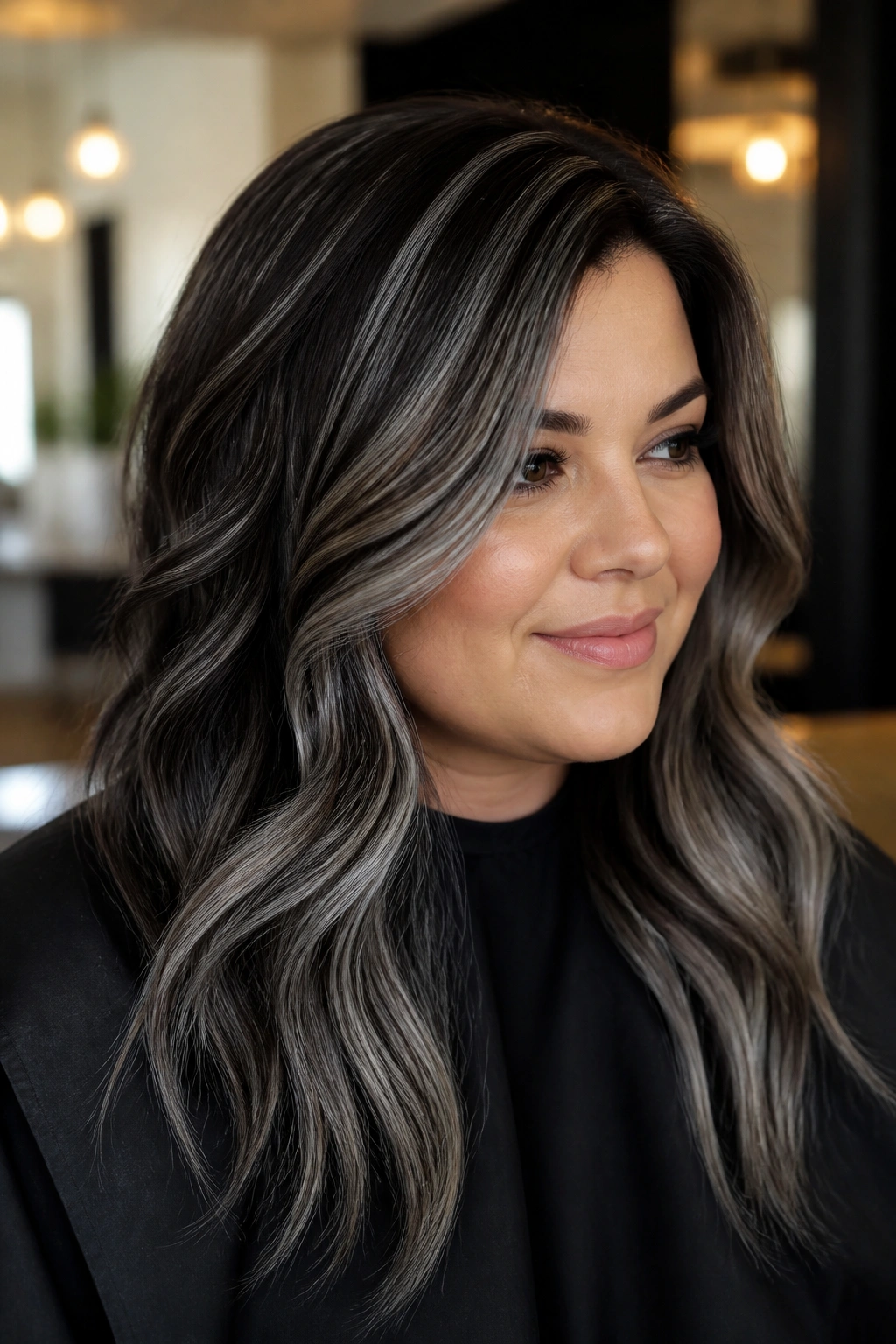 Close-up of a brunette with spaced silver highlights around the crown and front.