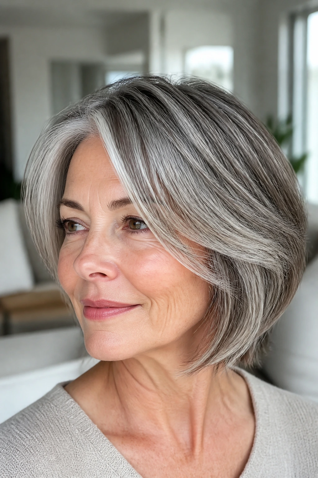 Close-up portrait showing dimensional silver highlights in gray hair
