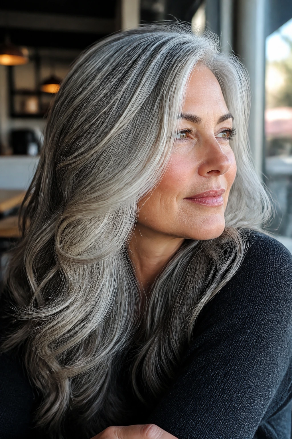 Close-up portrait of a real person with dimensional silver on thick hair