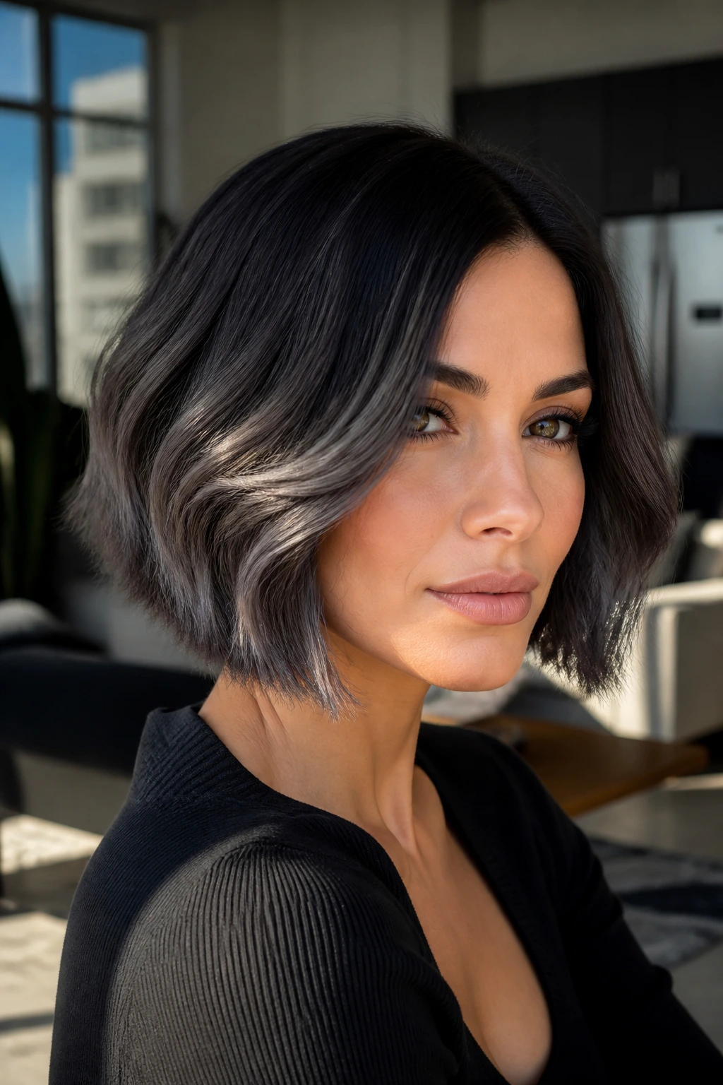 Close-up of a real person with a black bob featuring dimensional ash-gray lights