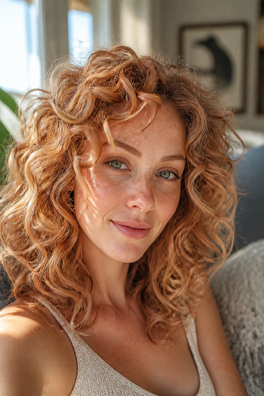 Portrait of a woman with curly hair showing dimensional strawberry blonde highlights