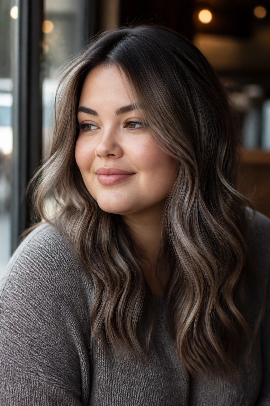 Close-up portrait of a real woman with dimensional taupe hair and lowlights