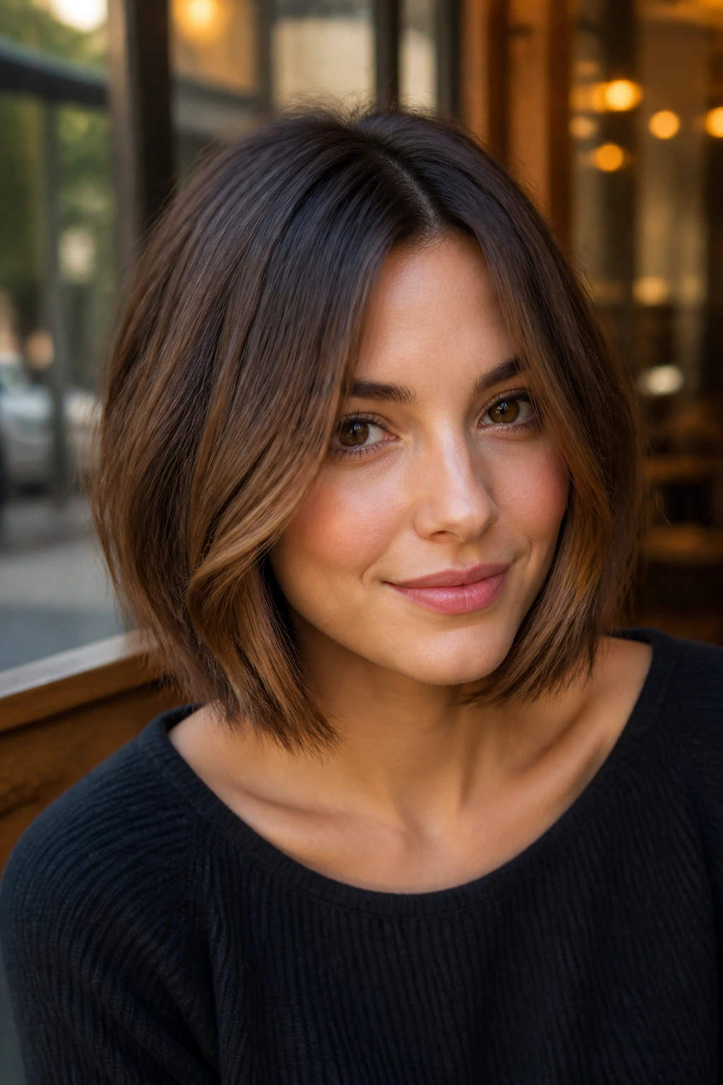 Brunette with dimensional walnut bob and cheek-framing pieces