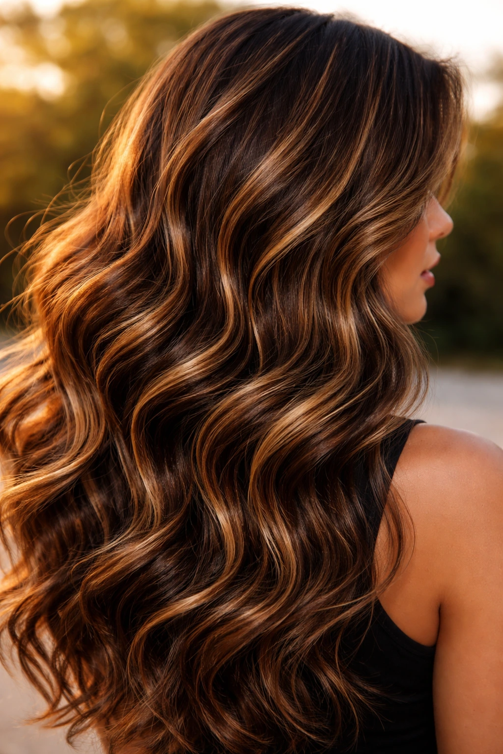 Portrait of a real person with dimensional waves and caramel honey stripes in hair