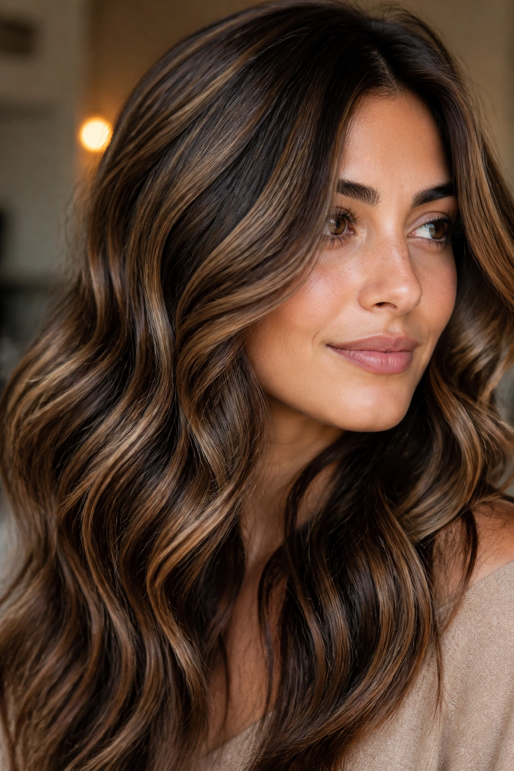 Close-up of a real woman with dimensional waves and alternating lowlights for depth