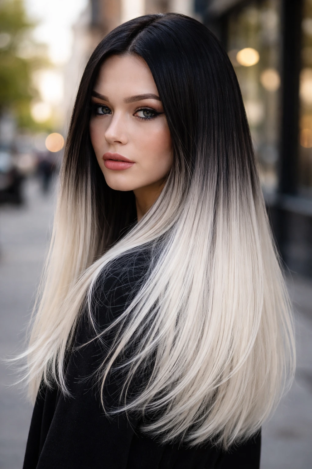 Close-up portrait of a woman with black-to-white dip-dye hair outdoors