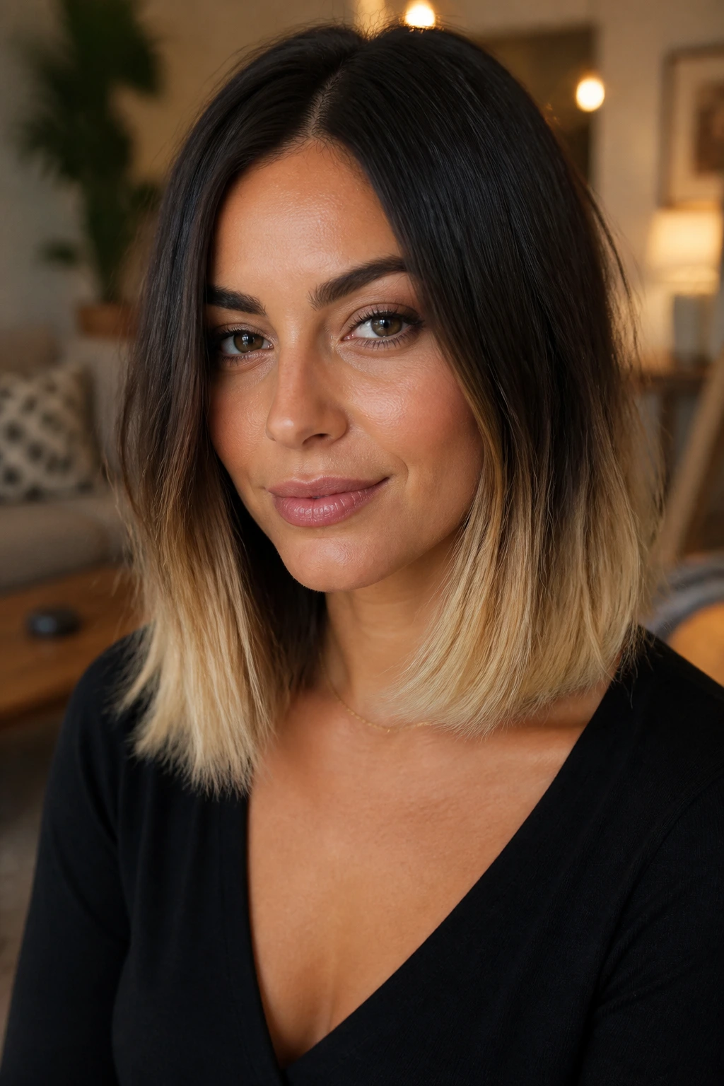 Portrait of a real woman with blunt cut and dip-dyed blonde ends.