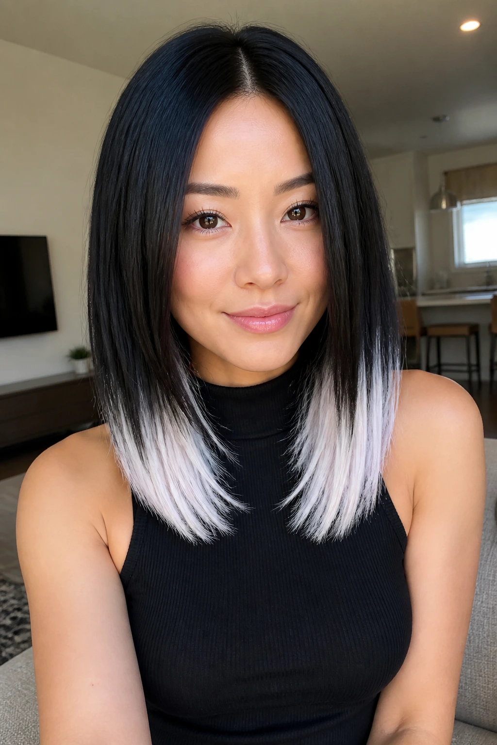 Person with black hair and white dip-dyed ends in a close-up