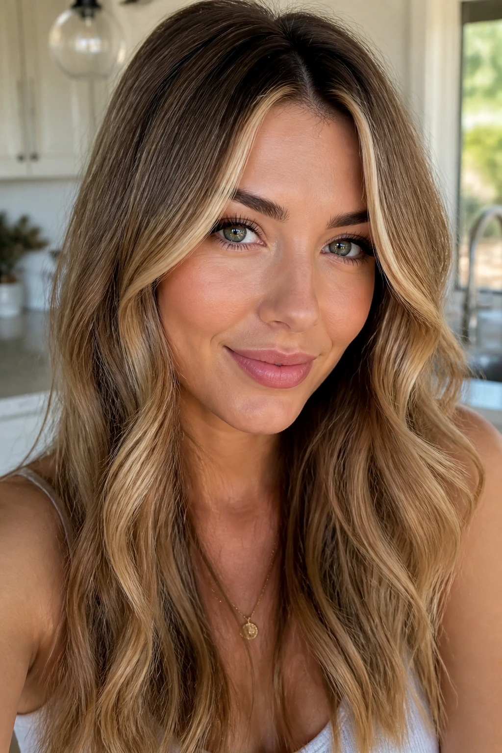 Close-up of a real woman with dirty blonde hair and babylights around the face