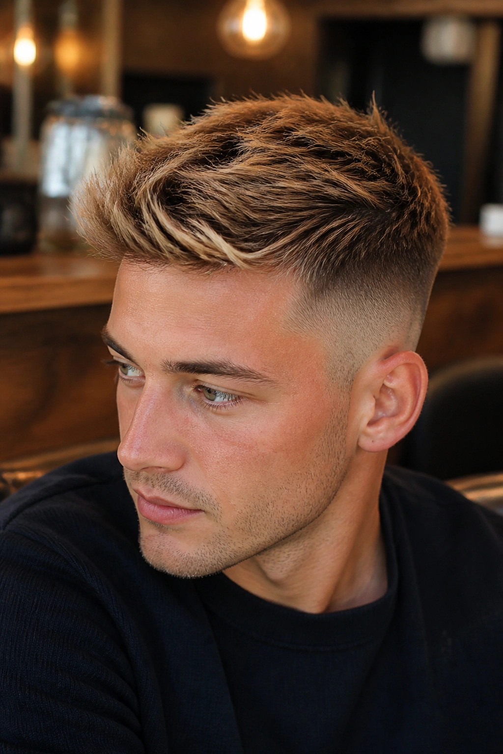 Close-up portrait of a man with a dirty blonde fade in a cozy cafe