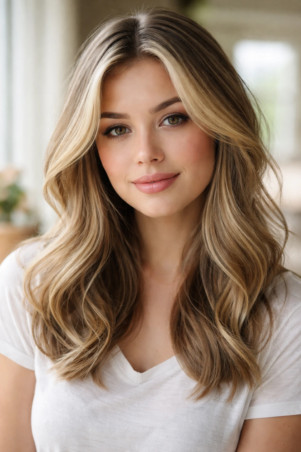 Close-up of a woman with dirty blonde hair showing layered highlights and lowlights in natural light