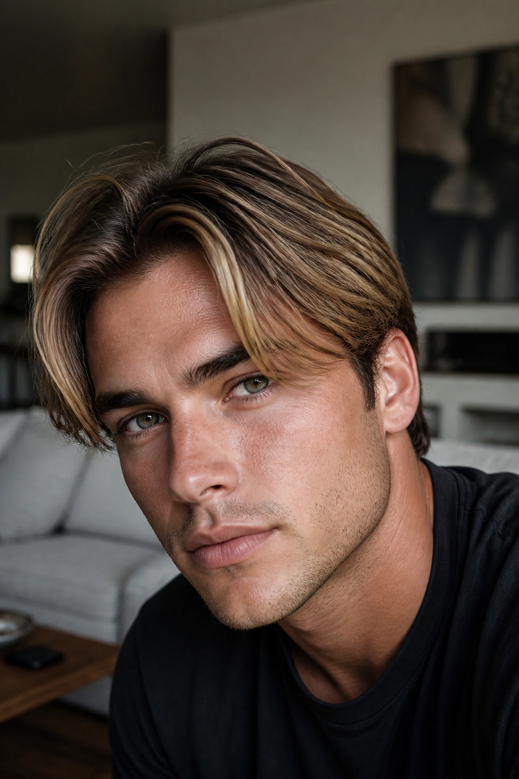 Man with dirty blonde highlights on straight hair in natural light
