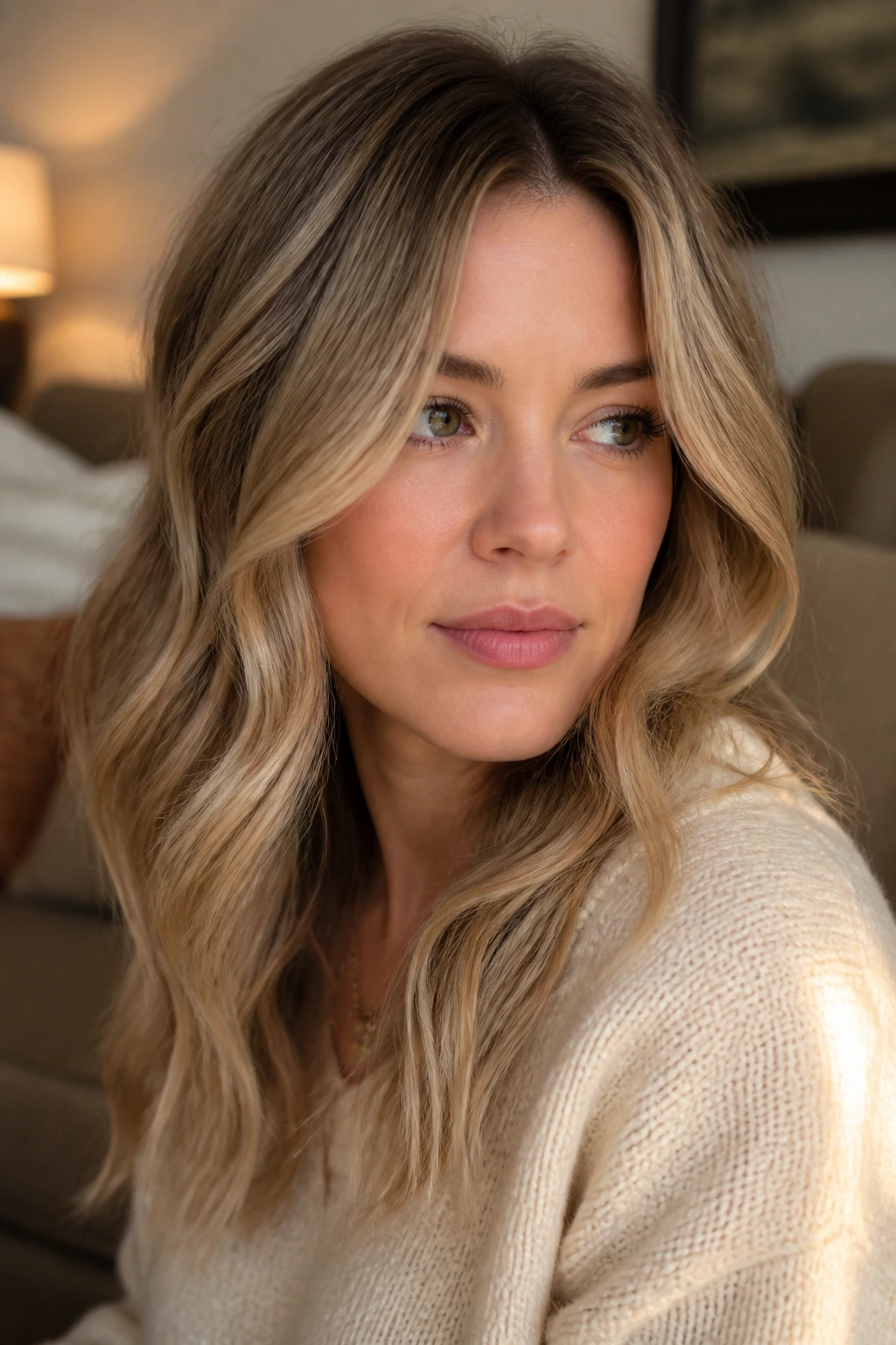Close-up portrait of a real woman with dirty blonde hair and natural roots