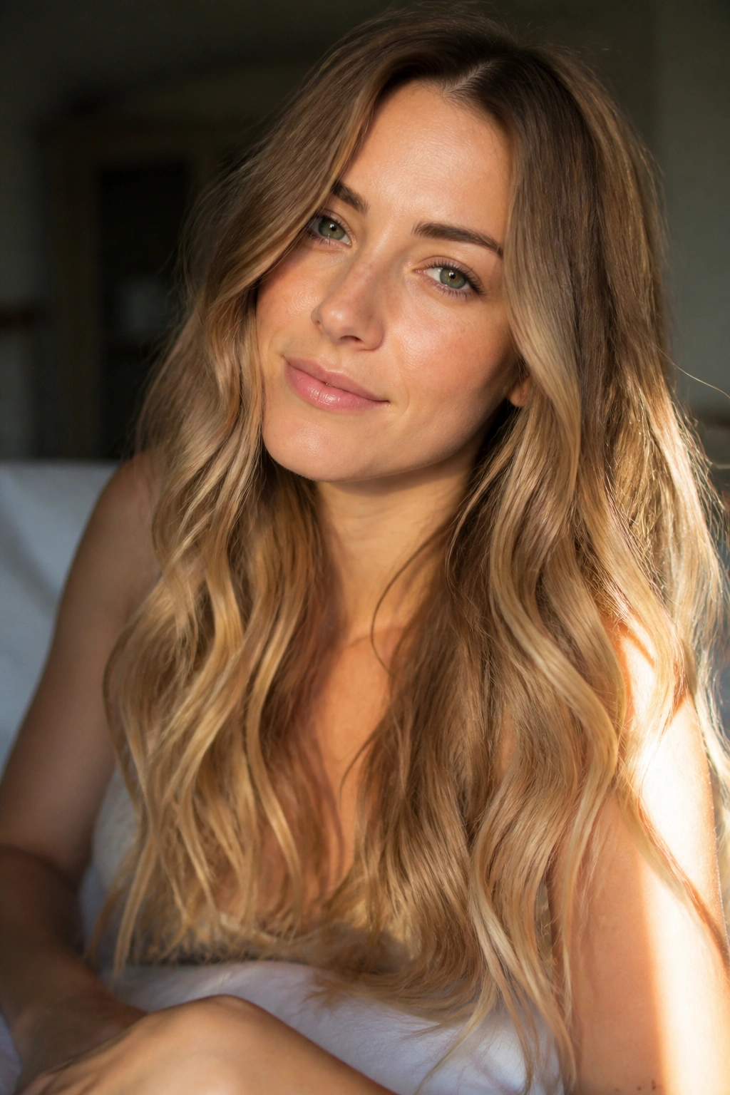 Real woman with dirty blonde to sandy beige ombré in gentle waves