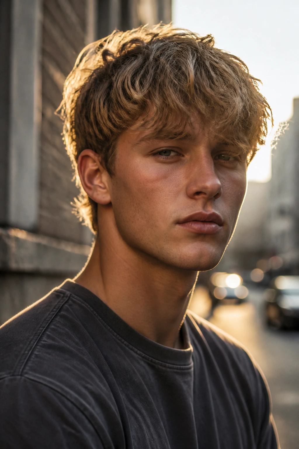 Real man with dirty blonde wavy fringe in golden hour outdoor light