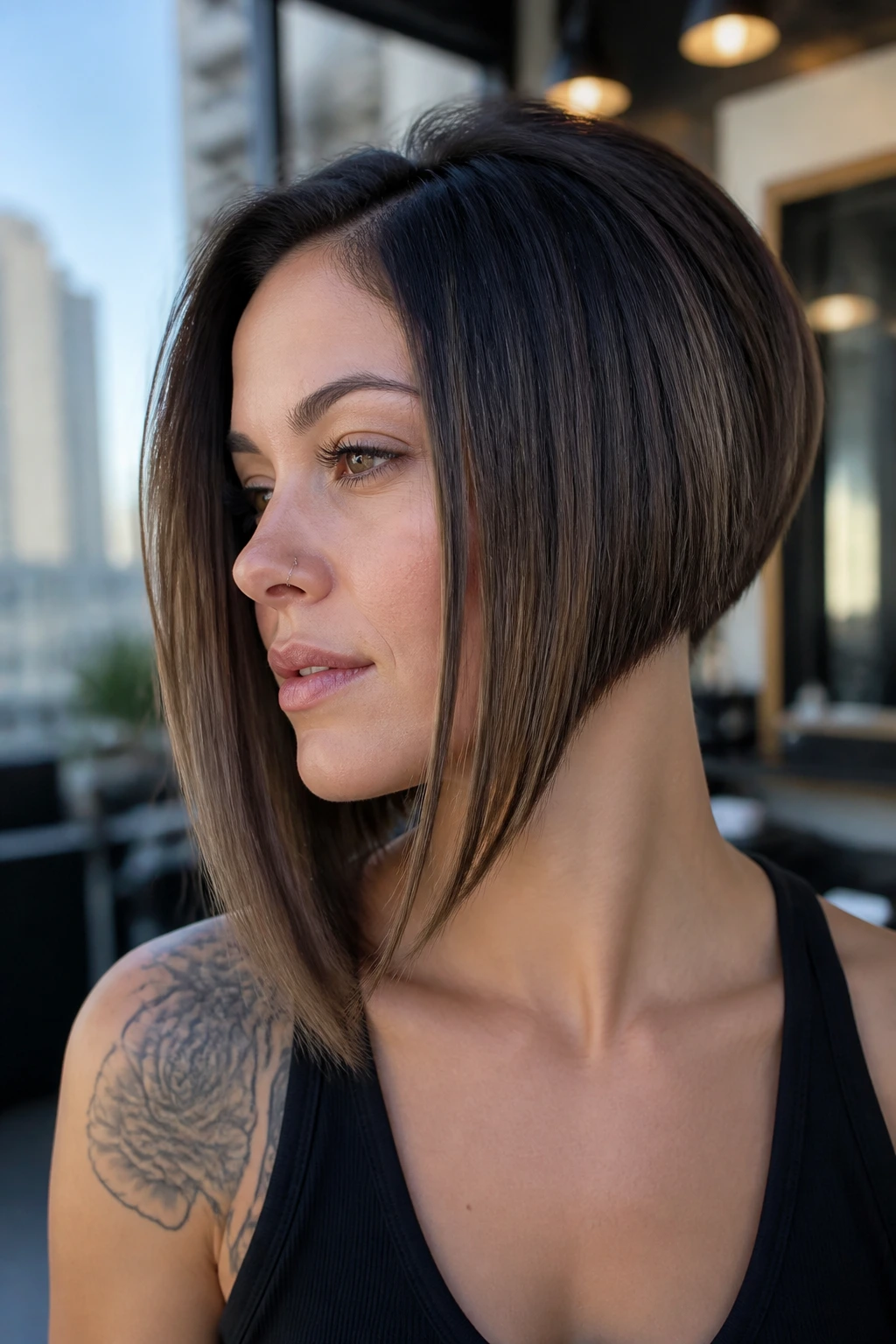 Close-up portrait of a real woman with a disconnected bob showing bold edges
