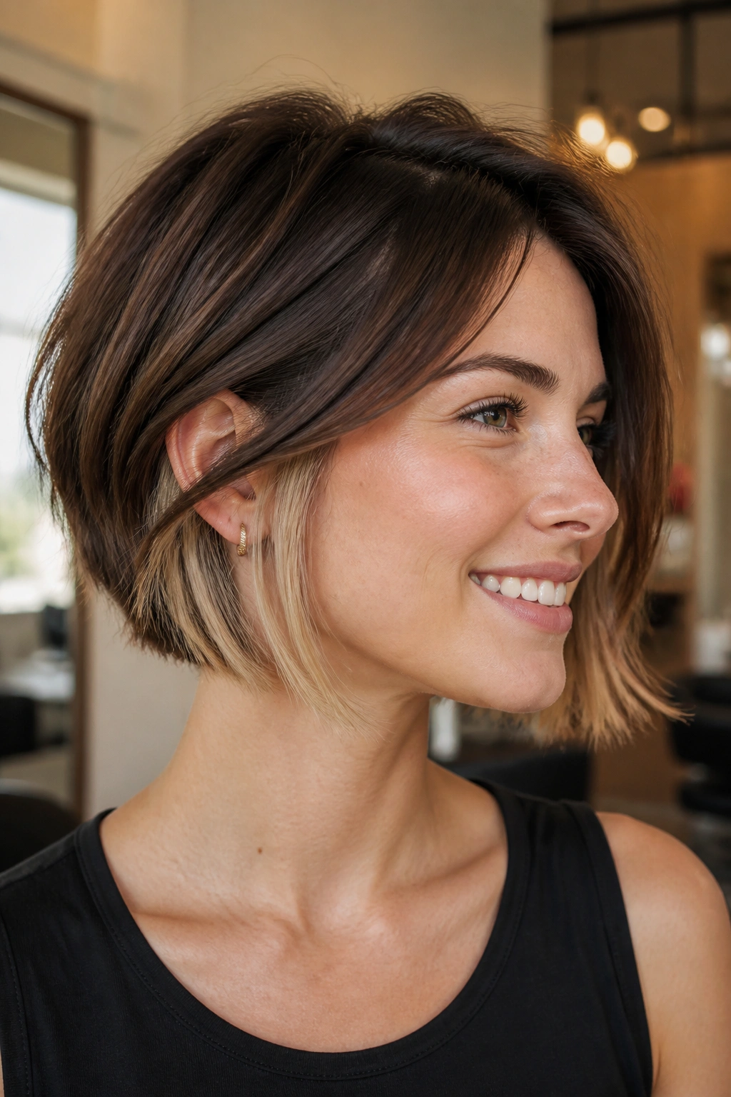 Close-up portrait of a real woman with a disconnected bob featuring hidden layers in a warm salon setting.