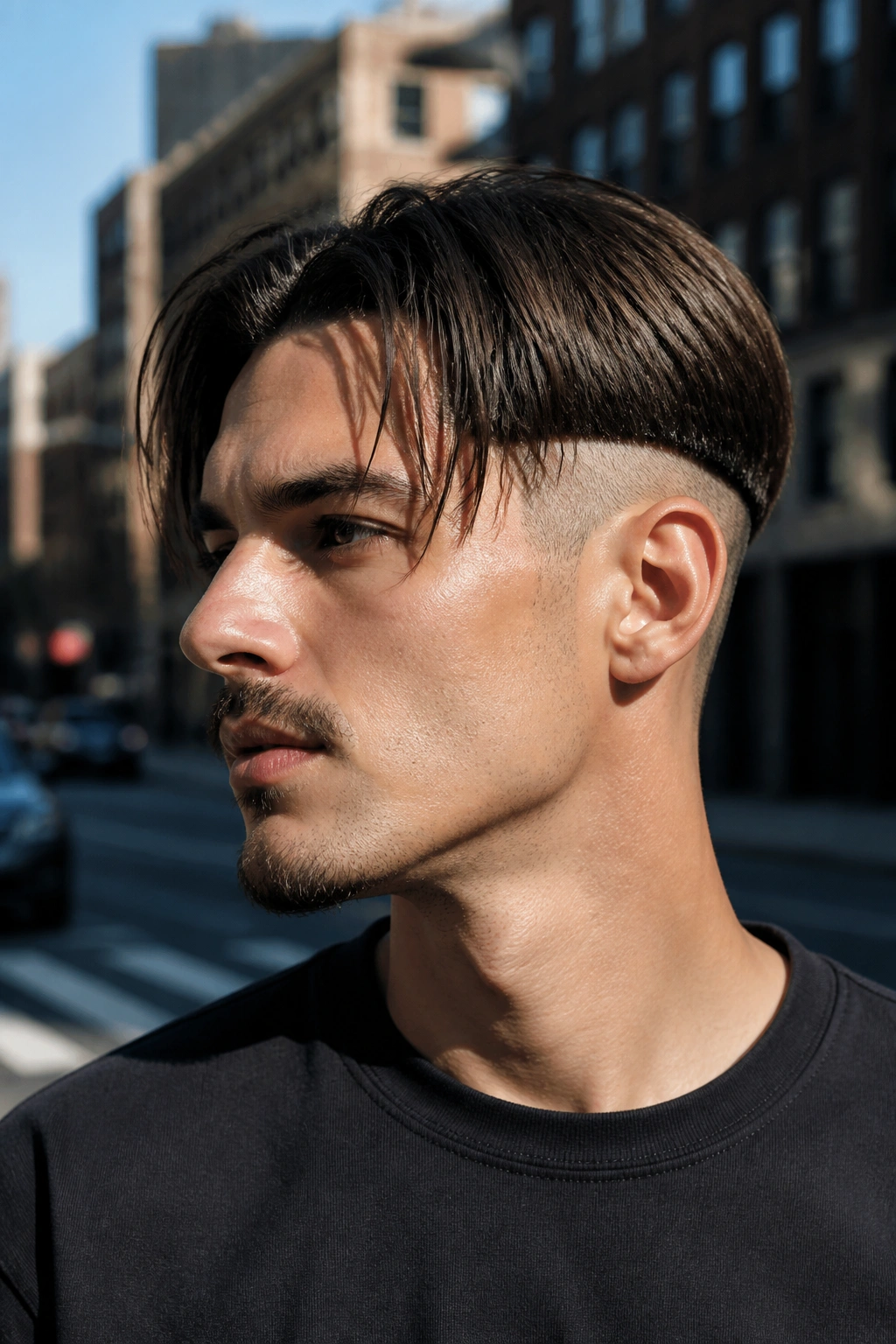 Close-up side profile of a man with a sharp disconnected bob