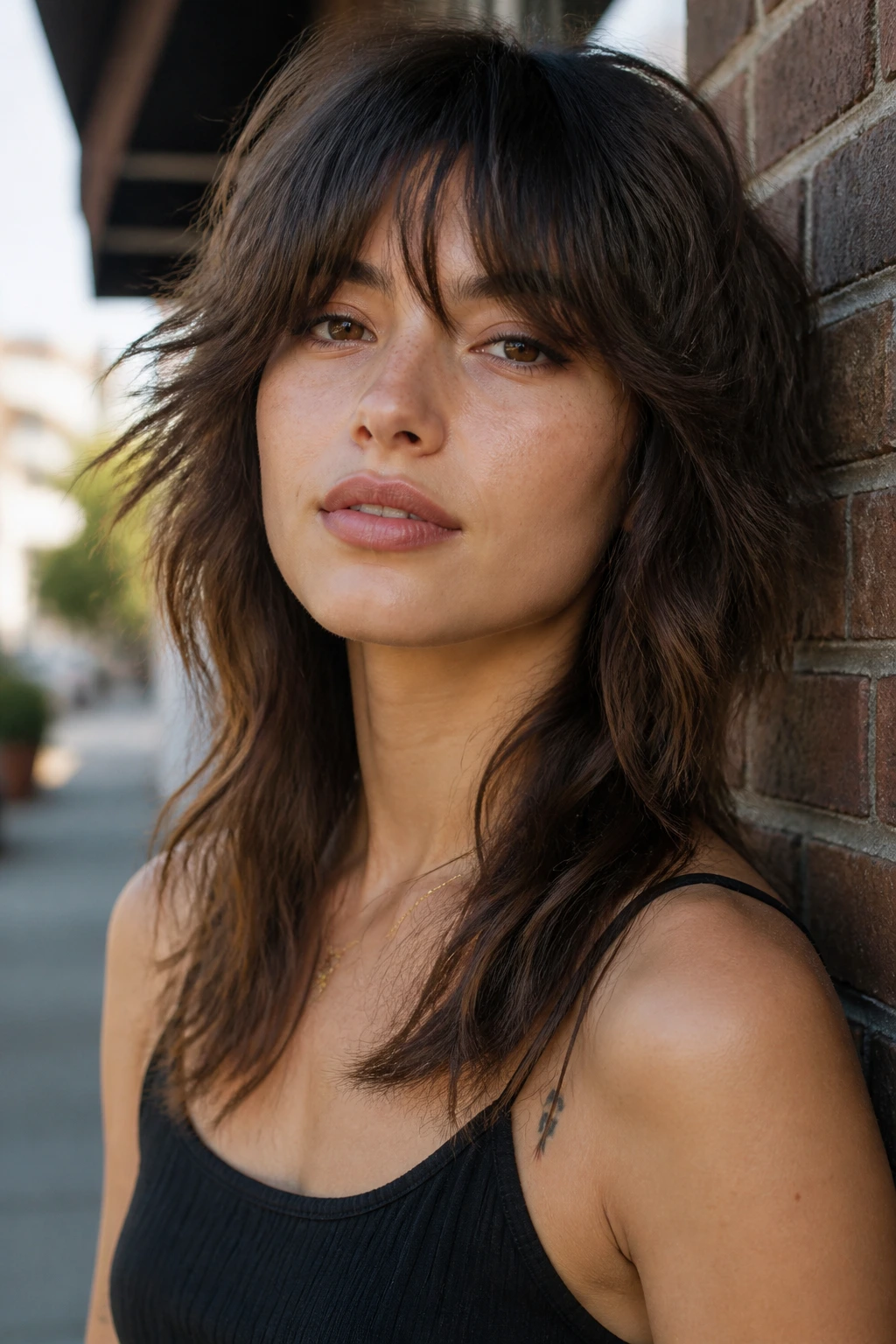 Close-up of a real woman with a disconnected boho shag against a brick wall urban setting.