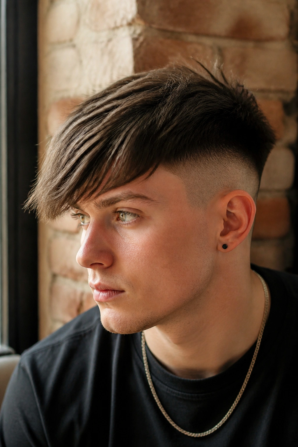 Close-up portrait of a real man with a disconnected crop and long diagonal fringe on a round face.