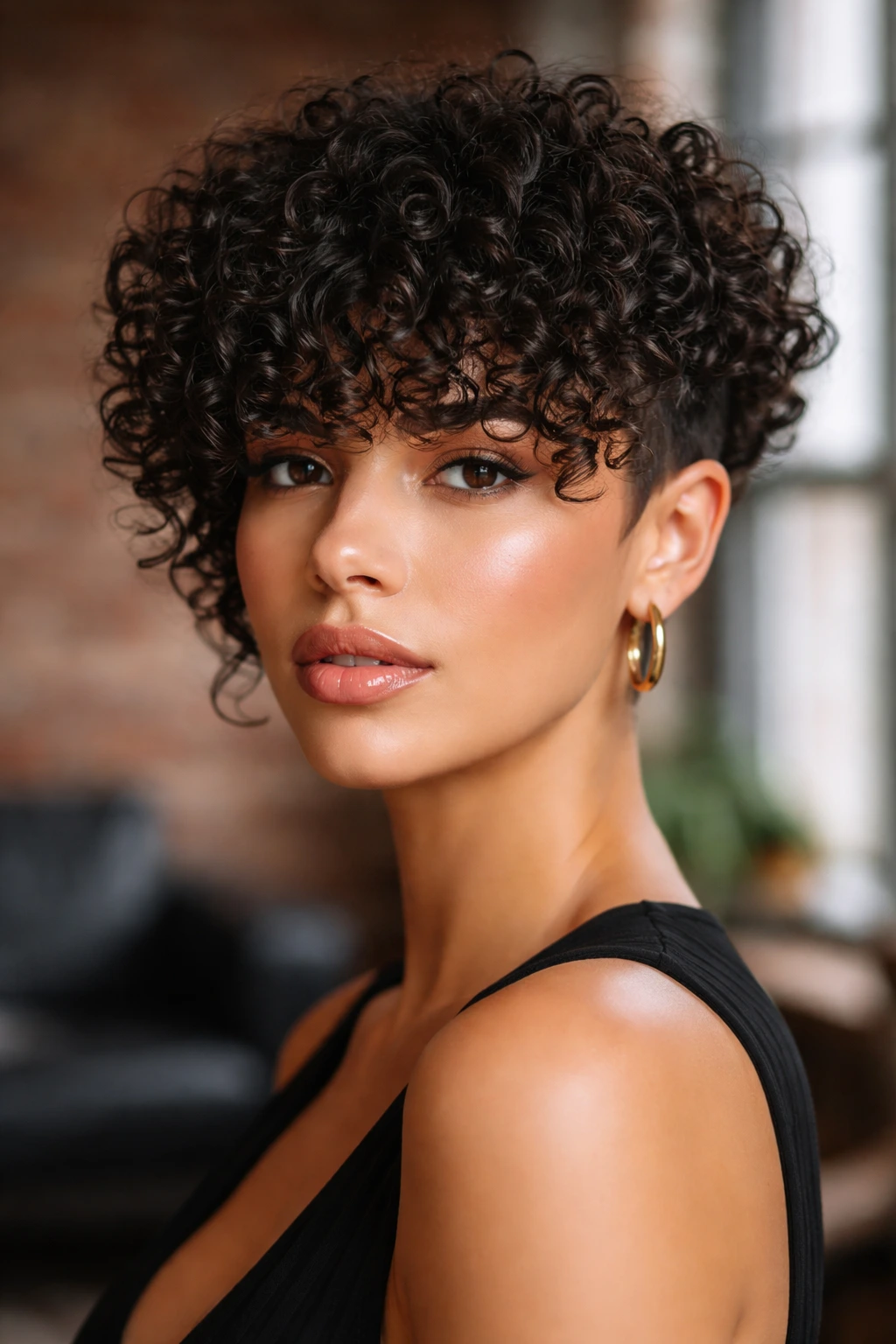 Close-up of a real person with a clearly separated curly fringe against an urban loft backdrop