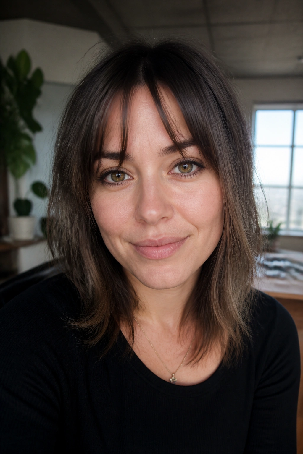 Real woman with a disconnected fringe creating a break in hair