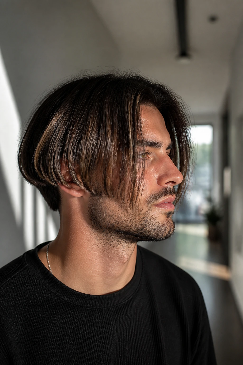 Portrait of a man with Disconnected Inverted Bob showing a bold top length and a clear disconnect