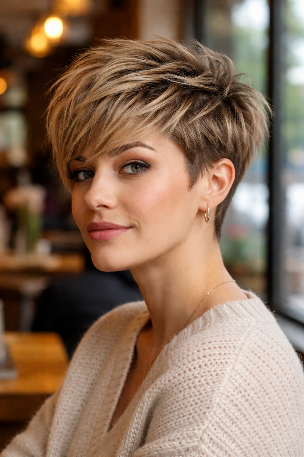 Close-up portrait of a person with disconnected layers pixie hairstyle.