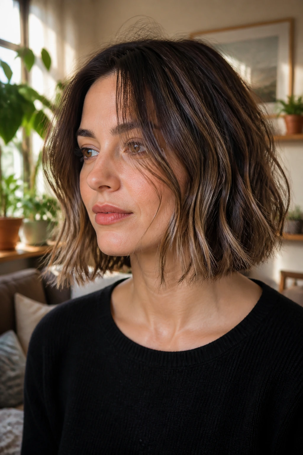 Close-up portrait of a real woman with a disconnected lob and piecey ends