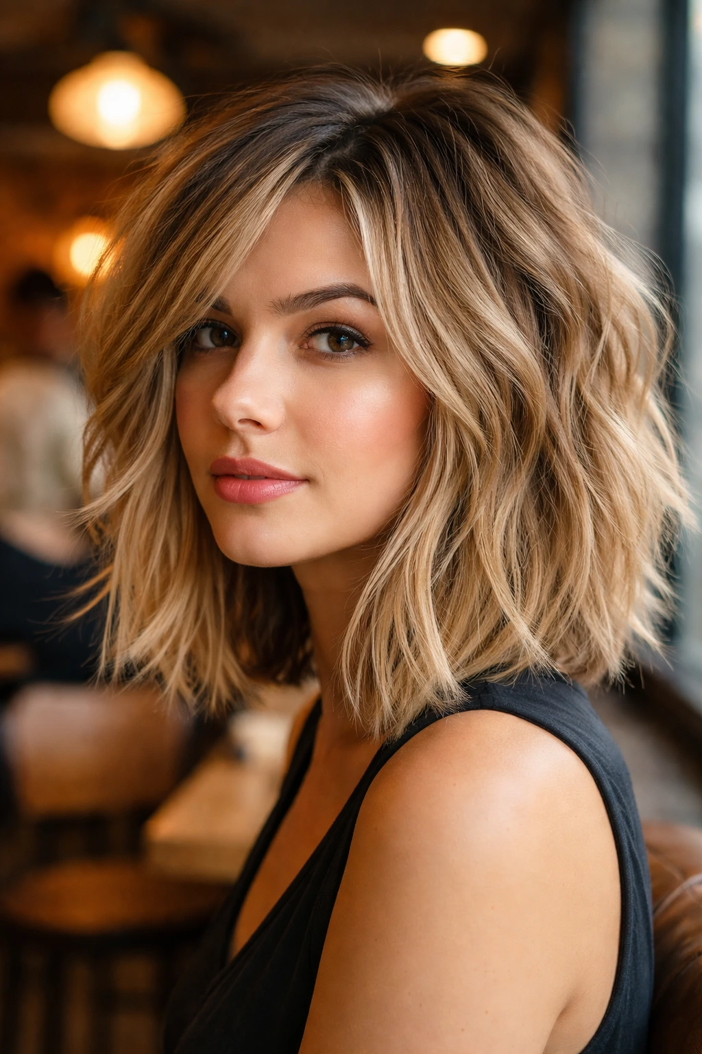 Close-up of a real person with a disconnected lob and jagged layers