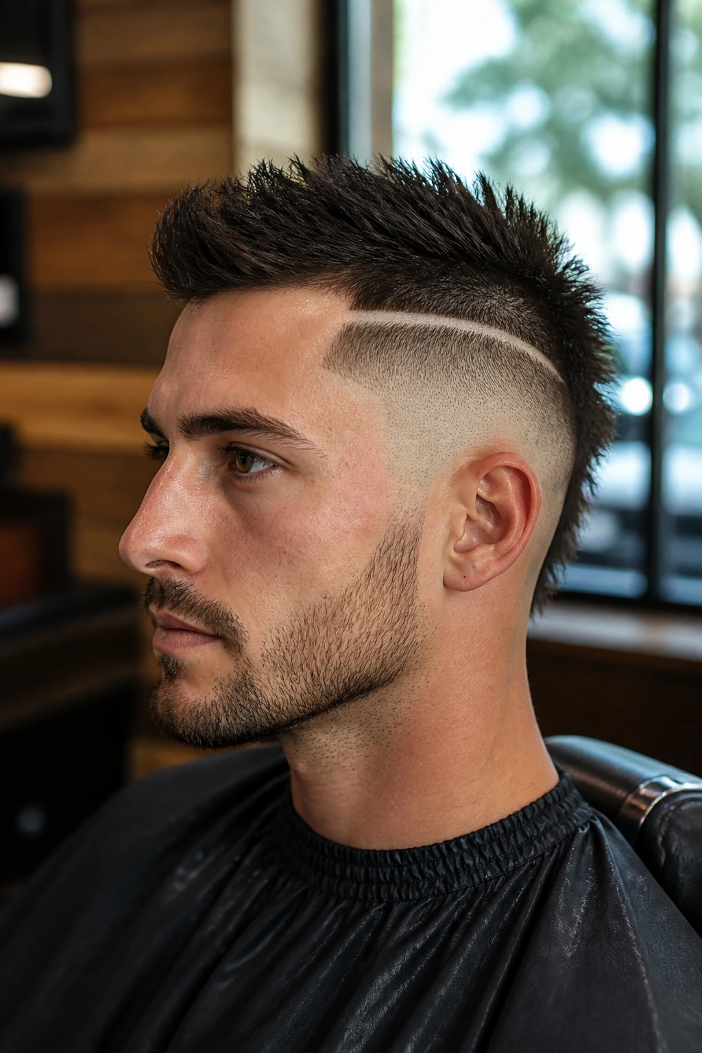 Close-up of a real person with a disconnected mohawk and razor lines in a barbershop setting