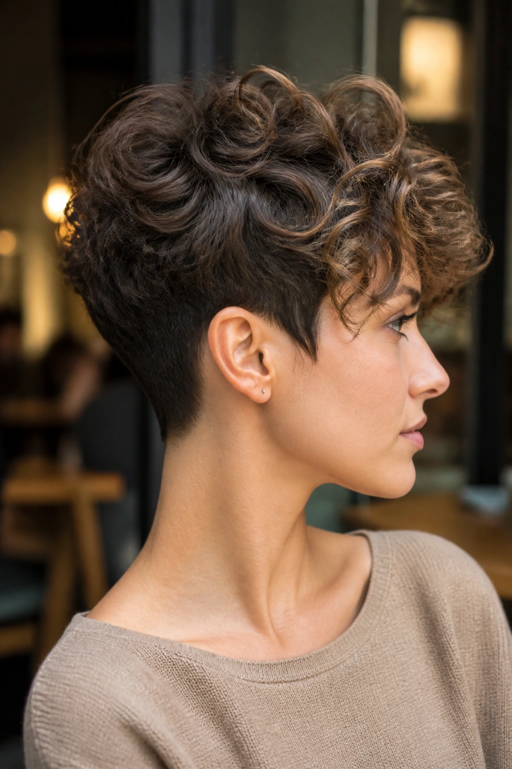 Close-up of a real woman with a disconnected nape curly pixie, cafe lighting