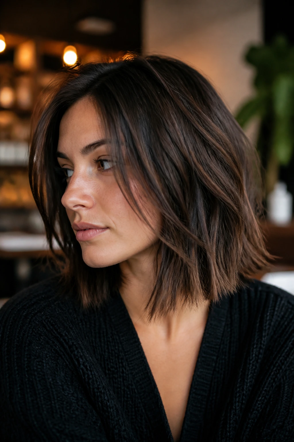 Close-up portrait of a real woman with a disconnected piecey long bob