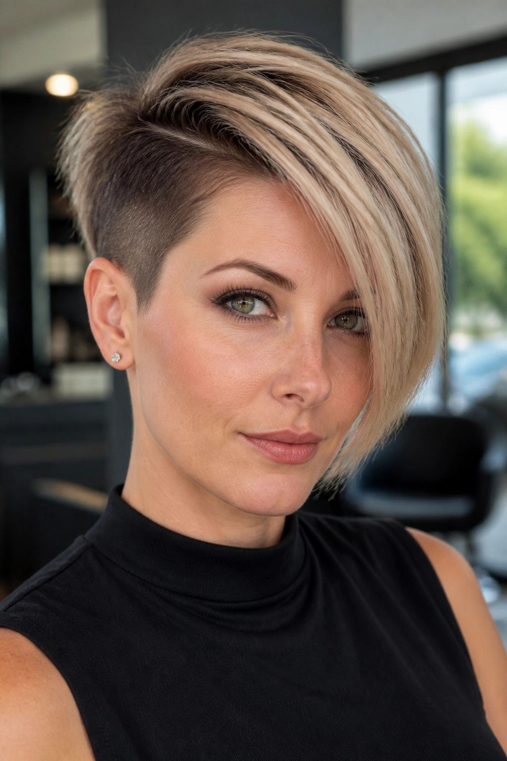 Close-up portrait of a real woman with a disconnected contrast pixie showing a sharp length divide.