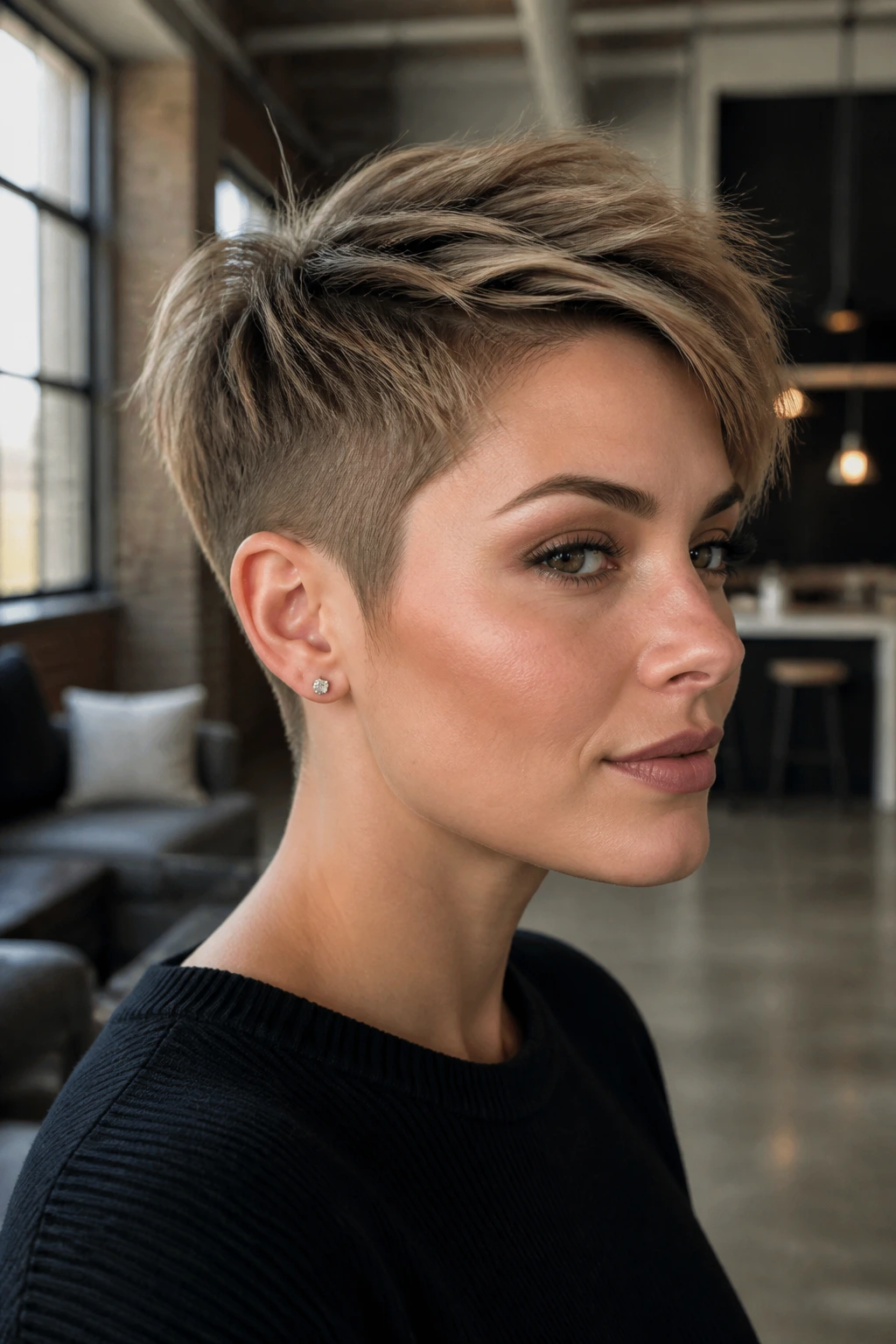 Disconnected pixie bob hairstyle on real woman with separated top and sides