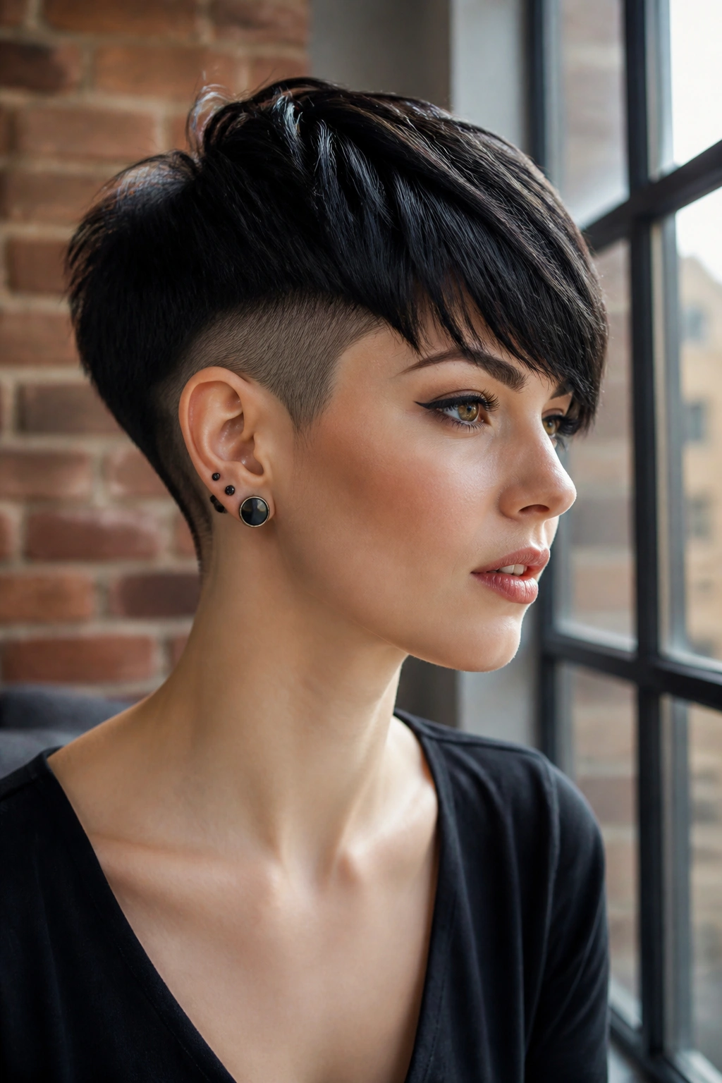 Close-up portrait of a real woman with a dramatic disconnected pixie haircut in natural light