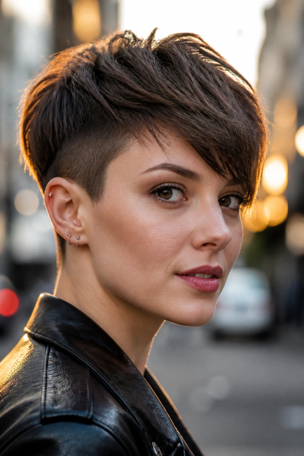 Close-up portrait of a real woman with a Disconnected Pixie hairstyle