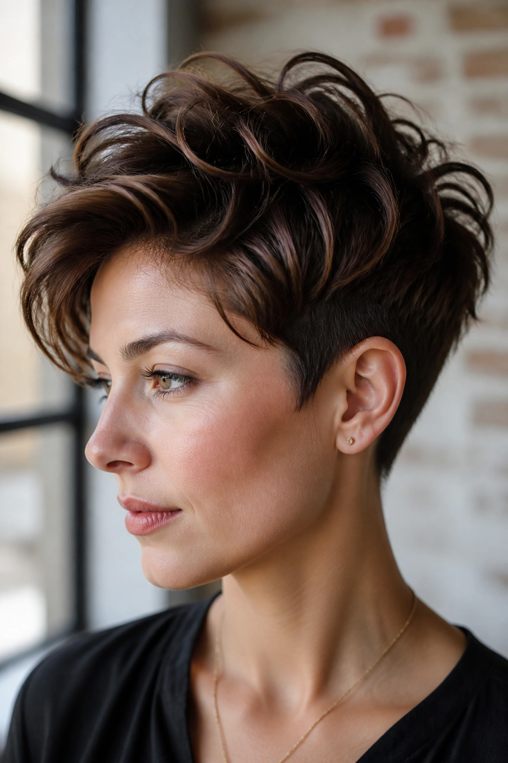 Real woman with disconnected pixie longer top in diffused daylight