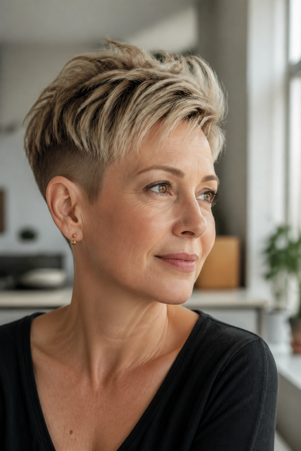 Close-up of a real woman with a disconnected pixie hairstyle.